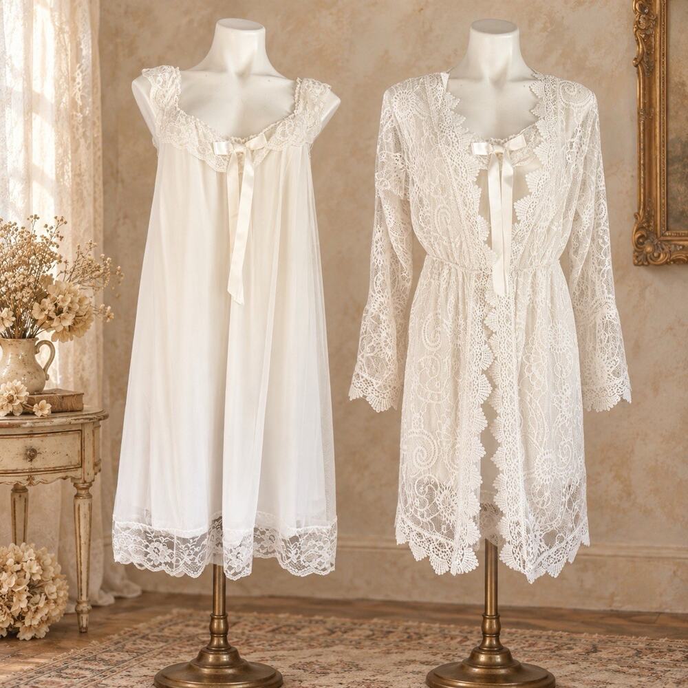Ivory Crochet Lace Robe Nightgown Set Bell Sleeve Boho Bridal L/XL